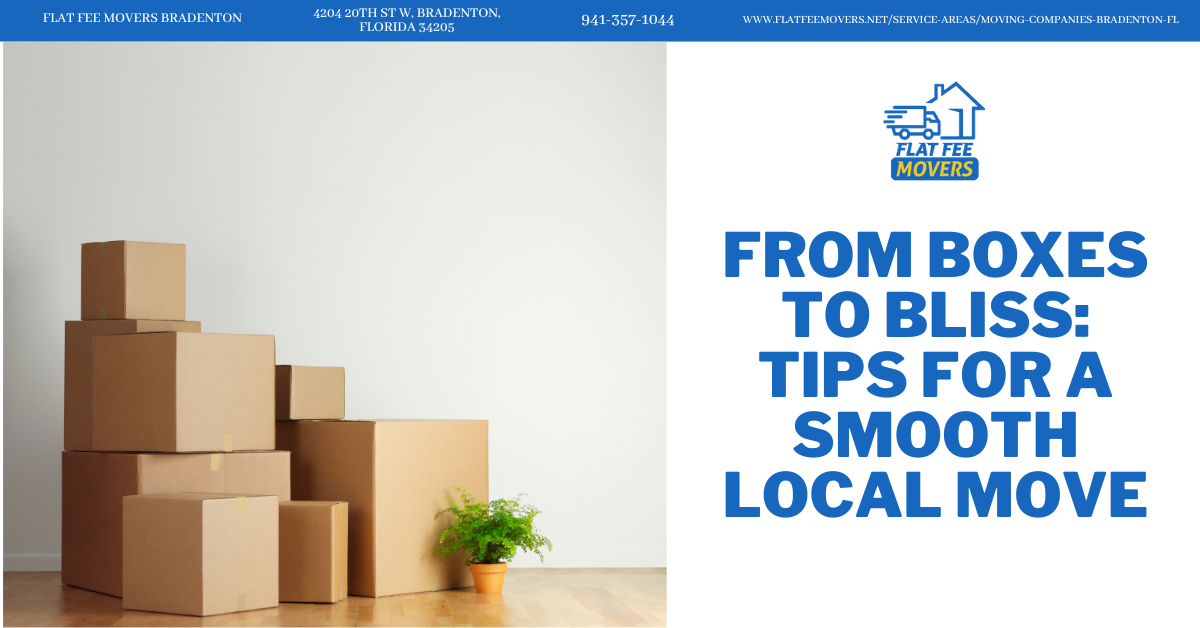 Stacks of cardboard boxes in a bright room, representing the process of moving, with a small potted plant in the foreground. The image promotes tips for a smooth local move by Flat Fee Movers in Bradenton, Florida.